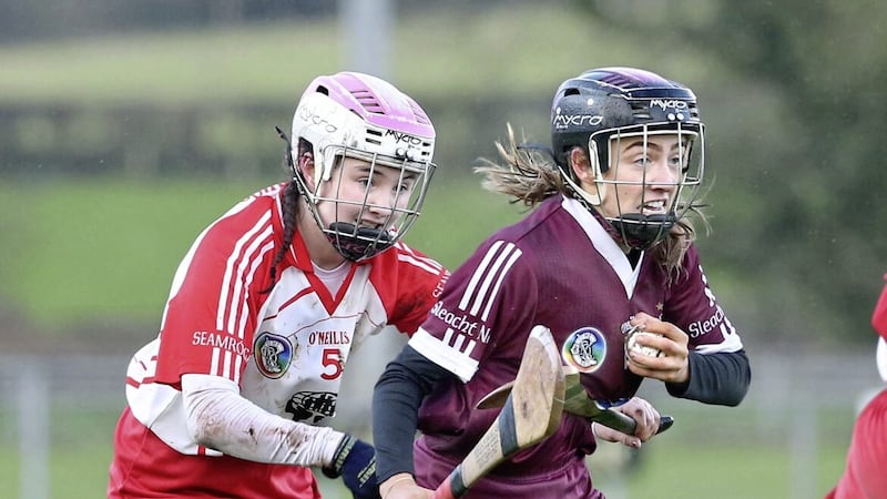 Slaughtneil&#39; Olivia Rafferty in action against Amy Boyle of Loughgiel during the Ulster Senior Camogie Club Championship final replay at Maghera in December 2021 Picture: Margaret McLaughlin. 