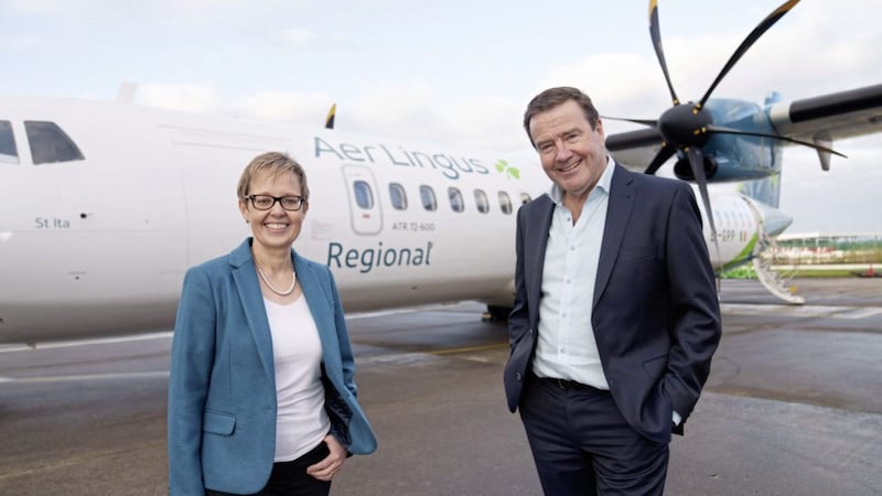 Aer Lingus CEO Lynne Embleton with Emerald Airlines founder Conor McCarthy. 