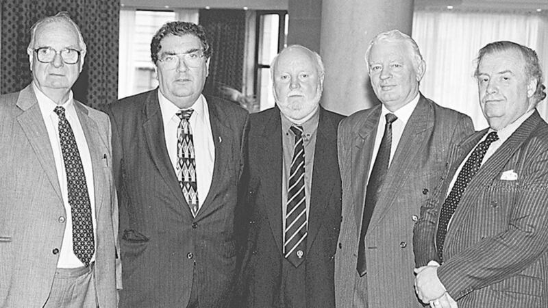 SDLP co-founders, from left: Gerry Fitt, John Hume, Paddy O&#39;Hanlon, Austin Currie and Ivan Cooper, pictured following the funeral of fellow co-founder Paddy Devlin who died in 1999. Photo: Brendan Murphy 