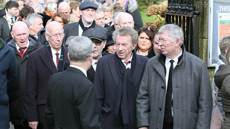 Manchester United legends Sir Bobby Charlton, Denis Law and Sir Alex Ferguson attend the funeral of former goalkeeper Harry Gregg was taking place in Coleraine. Picture by Margaret McLaughlin&nbsp;