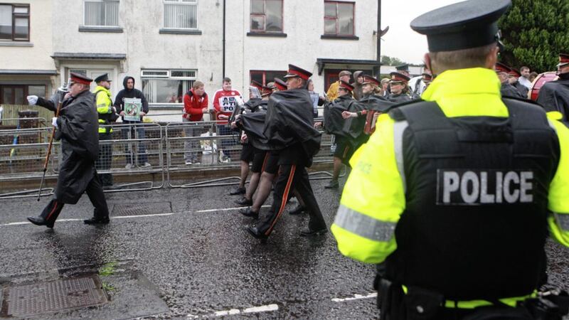 Protesters at the loyalist parade through Rasharkin. Picture Matt Bohill 