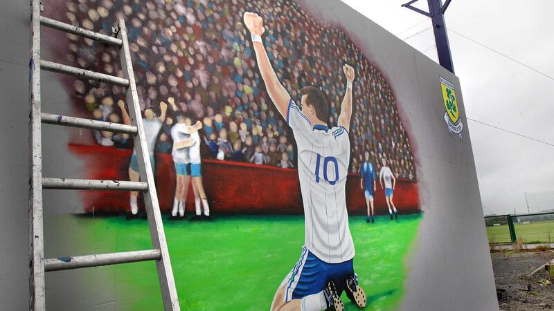 The mural under way on a wall at the new Aaron Devlin Pitch at Ballinderry GAC. Picture by Margaret McLaughlin<br />&nbsp;
