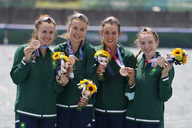 Aifric Keogh (left) and her Irish colleagues with the bronze medals they won at the 2020 Tokyo Olympics