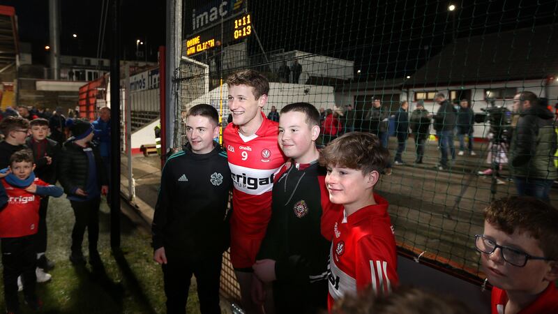 Young supporters flocked to Brendan Rogers after his late winning point in Derry's League victory over Dublin. Picture by Margaret McLaughlin