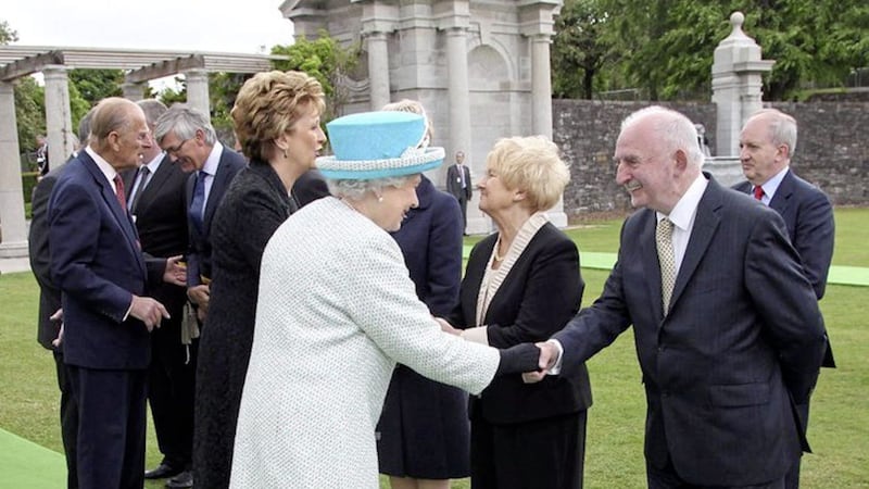 The late Dr Ian Adamson meets Queen Elizabeth and former president Mary McAleese 