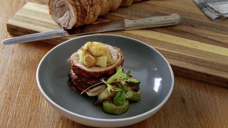 Niall&#39;s pork belly with apple sauce, made with Armagh Bramley apples, now in season 