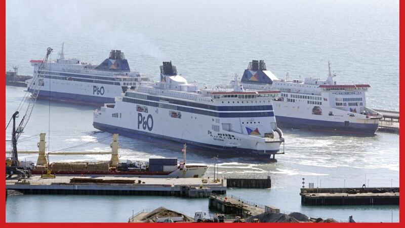Three P&amp;O ferries - Spirit of Britain, Pride of Canterbury and Pride of Kent - moor up in the cruise terminal at the Port of Dover in Kent as the company announced it was replacing 800 staff with agency workers 