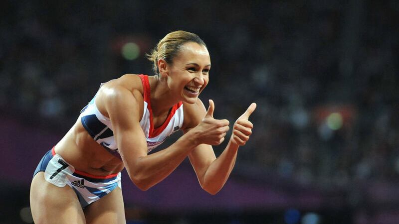 Jessica Ennis celebrates after the Women's Heptathlon 200m at the Olympic Stadium in London