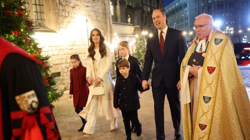 Princess Charlotte, the Princess of Wales, Prince George, Prince Louis, the Prince of Wales and The Dean of Westminster Abbey, The Very Reverend Dr David Hoyle arriving for the Royal Carols – Together At Christmas service at Westminster Abbey (Chris Jackson/PA)