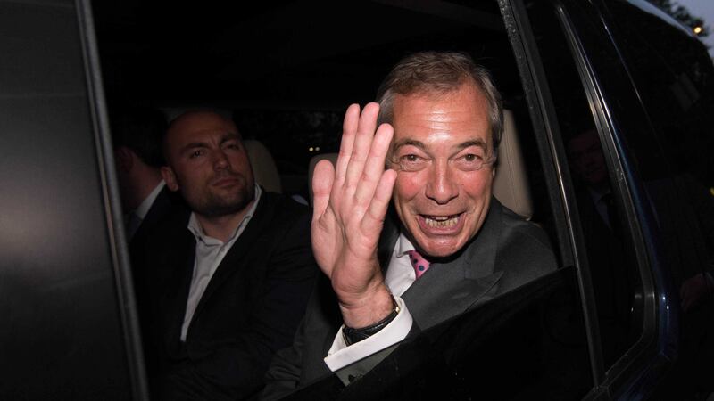 UKIP Leader Nigel Farage drives away from the Leave.EU party in London where he appeared to claim victory for the Leave campaign in the EU referendum&nbsp;