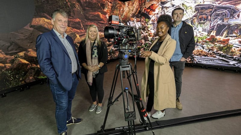 : NI Screen chief executive Richard Williams (left) with (from left) writer and former NI Screen trainee script editor Leesa Harker, CINE scheme participant Esther Katasi, and NI Screen facilities and sustainability manager Gavin Kelly. Picture: Phil Magowan/Press Eye 