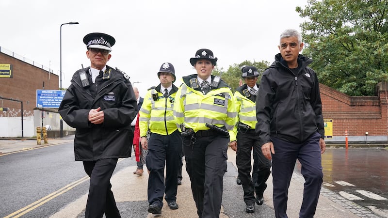 Metropolitan Police Commissioner Sir Mark Rowley, Constable Emily Waite and mayor of London Sadiq Khan at the launch of a mobile phone robbery intervention initiative (Jonathan Brady/PA)