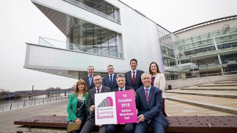 Launching the 2018 Responsible Business Summit, which takes taking place at Belfast Waterfront Hall on Wednesday October 10, are (front row) Valerie Gourley (NI Chamber of Commerce), John Brolly (Irish News), Kieran Harding (Business in the Community) and Richard Donnan (Ulster Bank). Back - Garret Kavanagh (BT), Joe McDonald (Asda), Jorge Lopes (Diageo) and Angela McGowan (CBI) 