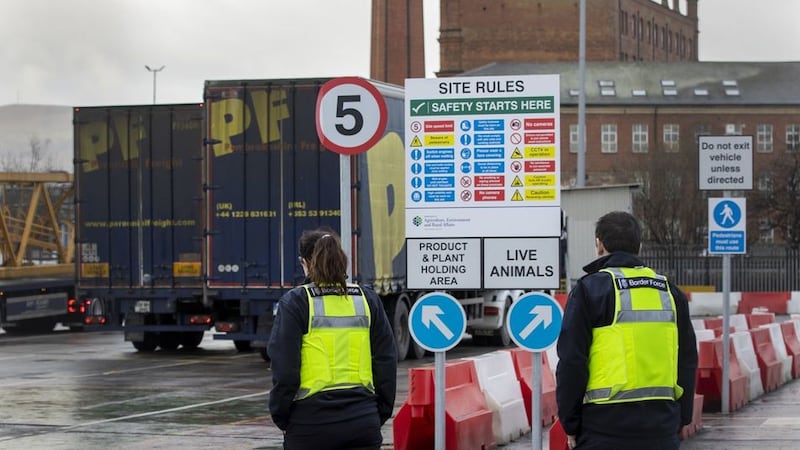 &nbsp;UK Border Force officers at the NI Department of Agriculture, Environment and Rural Affairs (DAERA) Northern Ireland Point of Entry (POE) site on Milewater Road in Belfast at the Port of Belfast.