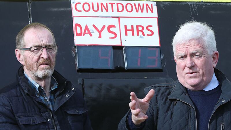 Bernard Doyle (left) and Declan Feron, members of Border Communities Against Brexit unveil a Brexit countdown clock at Jonesborough, on the border between Dundalk and Newry&nbsp;