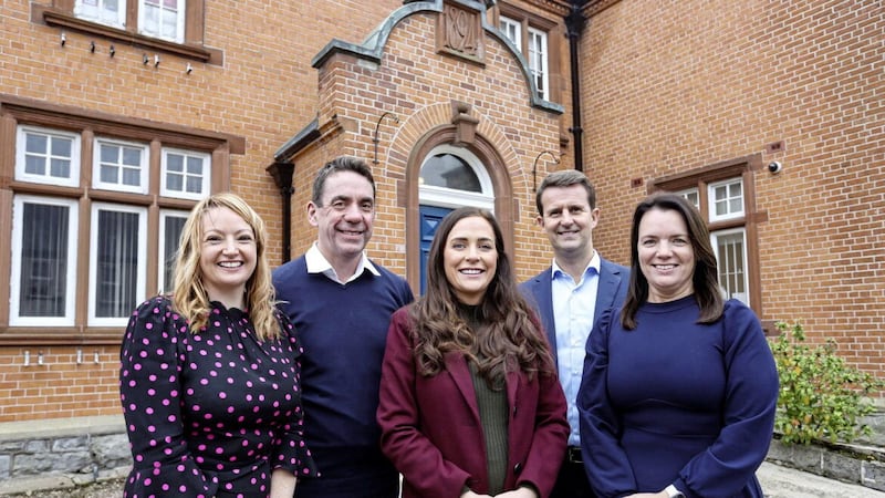 West Tyrone MP &Oacute;rfhlaith Begley (centre), pictured with (L-R) Bank of Ireland&#39;s Catherine Hutcheson, Myles O&rsquo;Grady, William Thompson and Shirleen McCann, outside the lender&#39;s new hybrid working hub at Campsie Road, Omagh. 