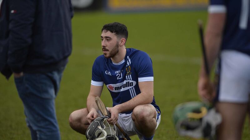 Ryan Irvine of St Gall's is dejected after All-Ireland JHC semi-final defeat to Oranmore Maree Picture by Mark Marlow