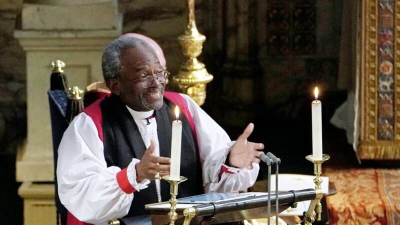 Bishop Michael Curry, primate of the Episcopal Church, giving the sermon at the wedding of Prince Harry and Meghan Markle in St George&#39;s Chapel at Windsor Castle. Picture by by Owen Humphreys/PA Wire 
