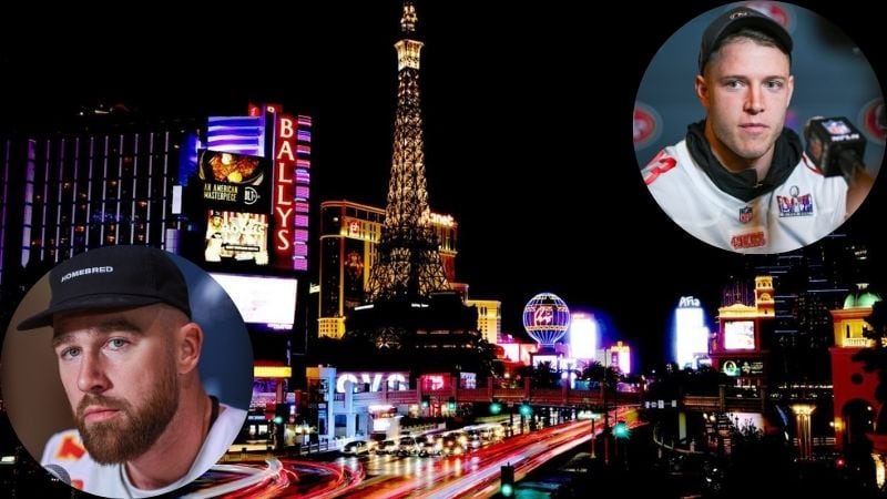 A picture of the Las Vegas skyline with pictures of Travis Kelce (left) and Christian McCaffrey (right) inset