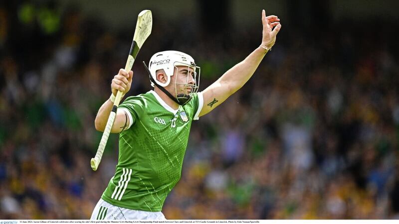 Aaron Gillane of Limerick celebrates after scoring his side's goal in the Munster SHC final against Clare at the TUS Gaelic Grounds in Limerick Picture by Eoin Noonan/Sportsfile 