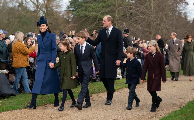 The Princess of Wales, Princess Charlotte, Prince George, the Prince of Wales, Prince Louis and Mia Tindall attending the Christmas Day morning church service at St Mary Magdalene Church in Sandringham, Norfolk in what was Kate’s last verified public appearance before her recent break from duties