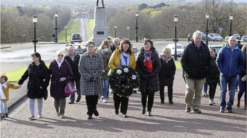 The families of the Disappeared hold a silent walk at Stormont on All Souls Day. Picture by Hugh Russell 