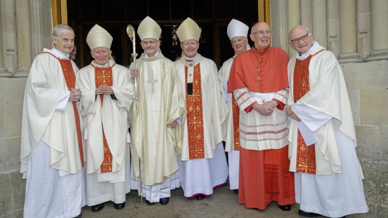 Pictured left to right at the ordination of Alan McGuckian SJ as Bishop of Raphoe at the Cathedral of Saints Eunan and Columba, Letterkenny, Co Donegal, are: Fr Michael McGuckian SJ; Bishop Philip Boyce OCD, Bishop Emeritus of Raphoe; Bishop Alan McGuckian SJ; Archbishop Eamon Martin; Bishop Noel Treanor, Bishop of Down and Connor; Cardinal Sean Brady; and Fr Bernard McGuckian SJ. Picture by www.LiamMcArdle.com 