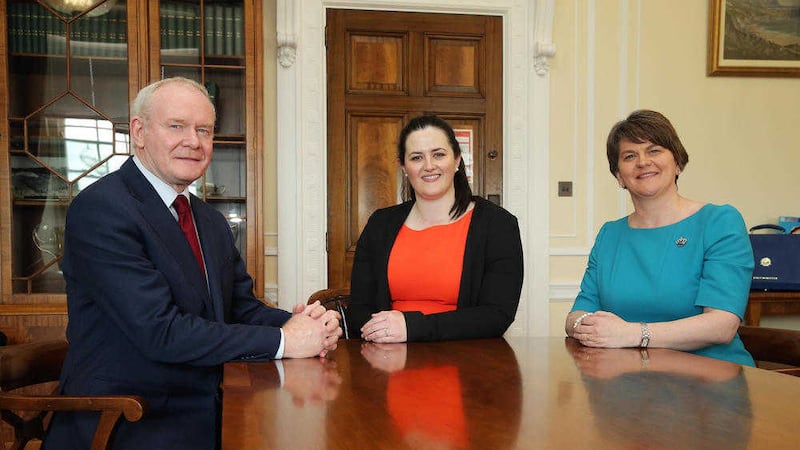 First Minister Arlene Foster and deputy First Minister Martin McGuinness with new Justice Minister Claire Sugden 
