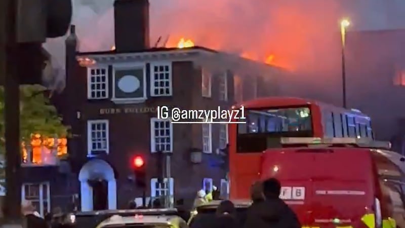 Picture taken with permission from the Instagram feed of @amzyplayz1 showing the historic Burn Bullock pub on fire in Mitcham