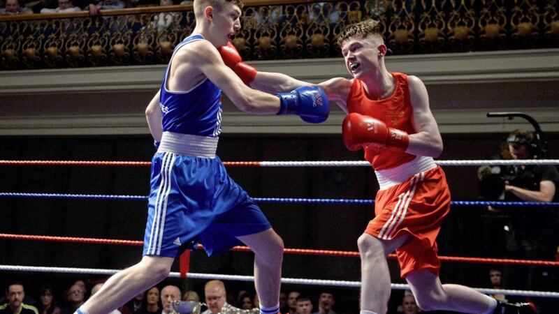 JP Hale (right) and Colm Murphy produced the fight of the night at the Ulster Hall in last year&#39;s Ulster Elite Championships. Picture by Mark Marlow 
