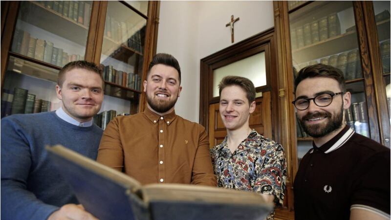 Paul Gunning, Lukas Arkinson, Ruairi Geehan and Michael Mullan will graduate as teachers this week from St Mary&#39;s University College. Picture by Hugh Russell 