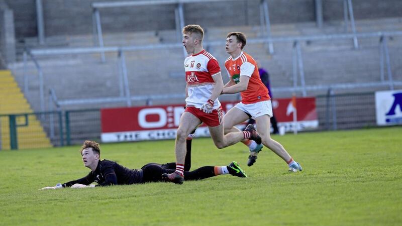 Derry&#39;s PJ McAleese scores the only goal of the game in the win against Armagh. Pic Philip Walsh. 