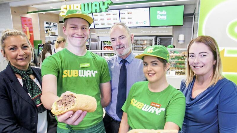 Pictured at the Ballycastle store are: Sharon Kane, area manager for Spar; Leon McMaster, member of Subway team; Sean Hamill, assistant store manager for Spar; Chloe McLaughlin, member of Subway team and Stacey Brown, development manager for Subway Northern Ireland. 