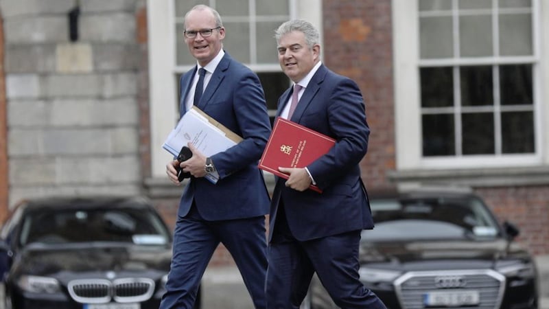 Simon Coveney and Brandon Lewis at yesterday&#39;s meeting of the British-Irish Intergovernmental Conference. Picture by Julien Behal Photography 