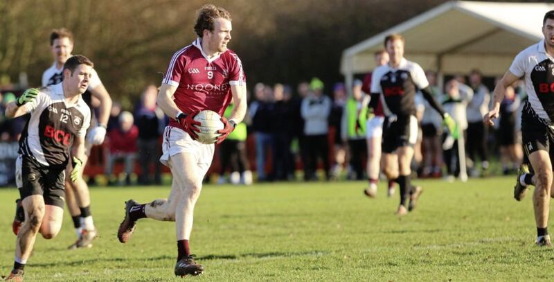 Slaughtneil&rsquo;s P&aacute;draig Cassidy gets away from Liam O&rsquo;Donoghue of St Kiernan&rsquo;s during the All-Ireland Club SFC quarter-final in Greenford
