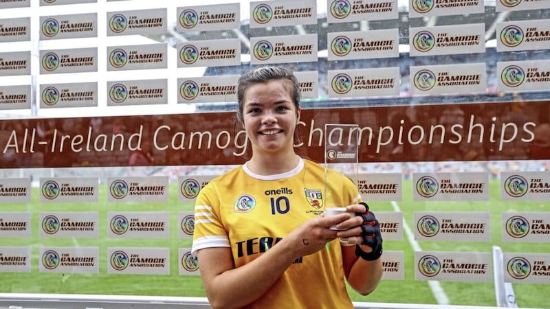 Antrim&#39;s Maeve Kelly with her Player of the Match award after the All-Ireland Intermediate Camogie Championship Final in Croke Park on Sunday Picture: INPHO/James Crombie 