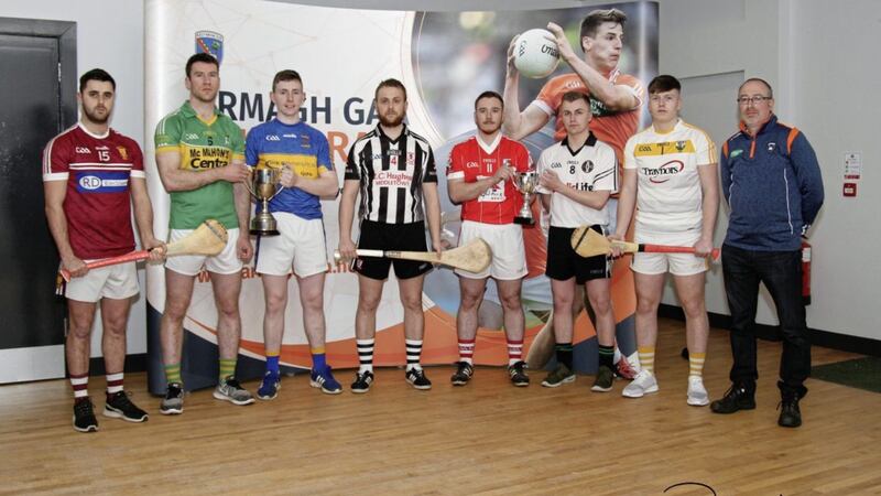 Armagh Hurling Officer David O&rsquo;Brien with representatives from Middletown Na Fianna, Keady, Craobh Rua Camlough, Omagh, Castleblaney, Sean Tracey&rsquo;s and Cuchulainns at the announcement of the county&#39;s new hurling league format 