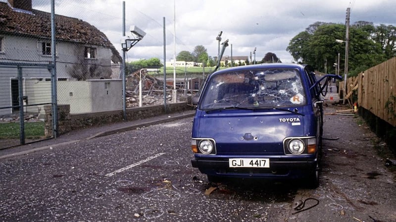 Bullet holes can be seen in the van used by the IRA men at Loughgall 