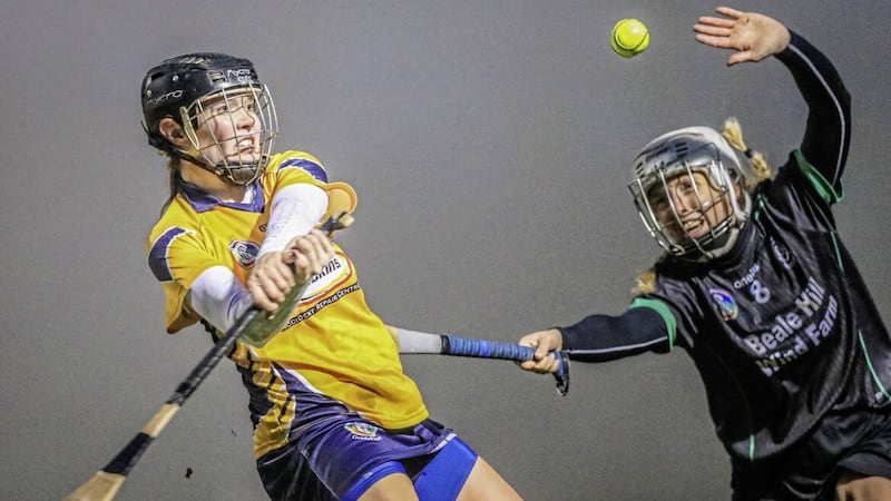Clonduff&rsquo;s Sarah Louise Graffin is action against Patrice Diggin of Clanmaurice during the AIB All-Ireland Intermediate Club Camogie Championship semi-final at Kinnegad GAA, Westmeath Picture: Evan Treacy/Inpho 