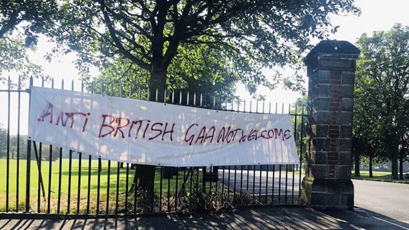 A banner erected at Grove Playing Fields in north Belfast earlier this month. 