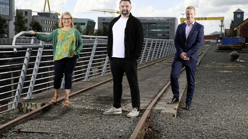 Pictured at Catalyst in Belfast are Elaine Smyth, director of innovation community at Catalyst, JP McCorley, co-founder of Ecko, one of the finalists in the Invent 2021 competition, and Niall Devlin, head of business banking NI at Bank of Ireland UK. Picture: Kelvin Boyes/PressEye 