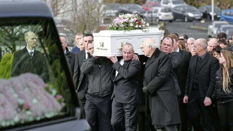 Family and friends helped to carry Shannon McQuillan&#39;s coffin into St Joseph&#39;s Church in Dunloy. Picture by Justin Kernoghan/PhotopressBelfast 
