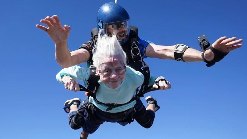 Dorothy Hoffner, 104, undertaking the tandem skydive in October (Daniel Wilsey via AP/PA)