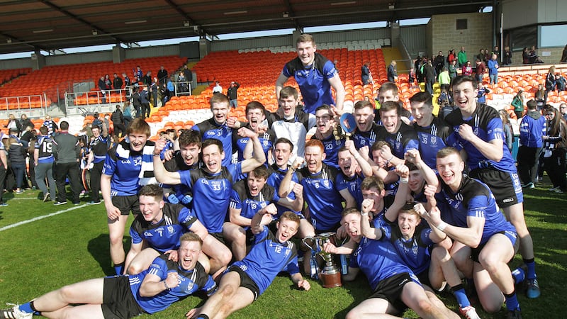 St Patrick's, Maghera celebrate their MacRory Cup final win over St Paul's Bessbrook at the Athletic Grounds in Armagh on Thursday <br />Picture by Margaret McLaughlin