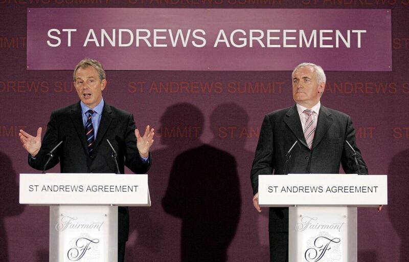 British Prime Minister Tony Blair and Taoiseach Bertie Ahern speak to the media at St Andrews in 2006