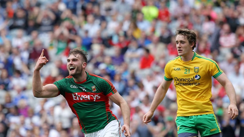 Diarmuid O'Connor celebrates scoring Mayo's opening goal in Saturday's All-Ireland quarter-final at Croke Park<br/>Picture: Philip Walsh&nbsp;