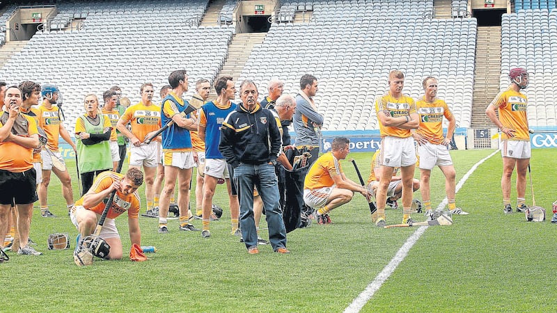 &nbsp;Antrim players and management after Saturday&rsquo;s Christy Ring Cup final replay defeat to Meath at Croke Park<br />Picture by PA