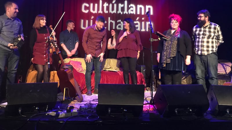 <b>ON PADDY&rsquo;S GREEN SHAMROCK SHORE:</b> The fabulous line-up (with apologies to Alan Burke who is hidden behind Niall Hanna) which provided a wonderful night&rsquo;s entertainment in Cult&uacute;rlann U&iacute; Chan&aacute;in last Friday