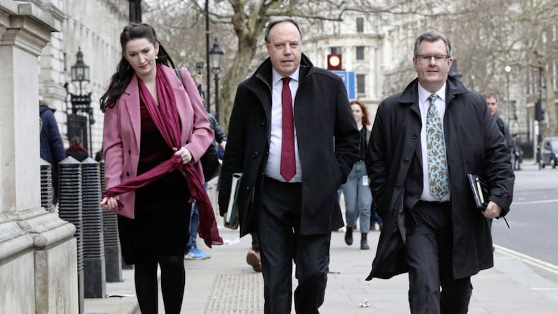 The DUP&#39;s MPs, including, pictured from left, Emma Little Pengelly, Nigel Dodds and Jeffrey Donaldson, are trying to work out how to get a soft Brexit without voting for it... Picture by Jonathan Brady/PA Wire 