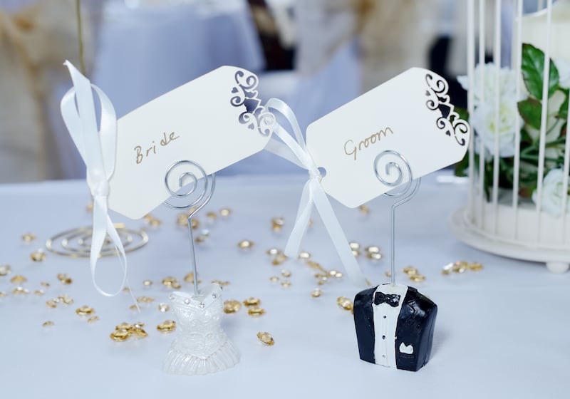 Wedding reception details, bride and groom place cards